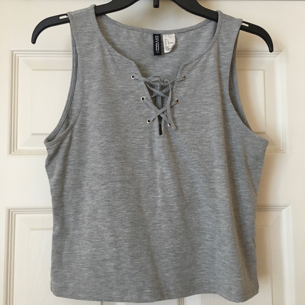 H&M Gray Lace-Up Front Cropped Tank Top Large L